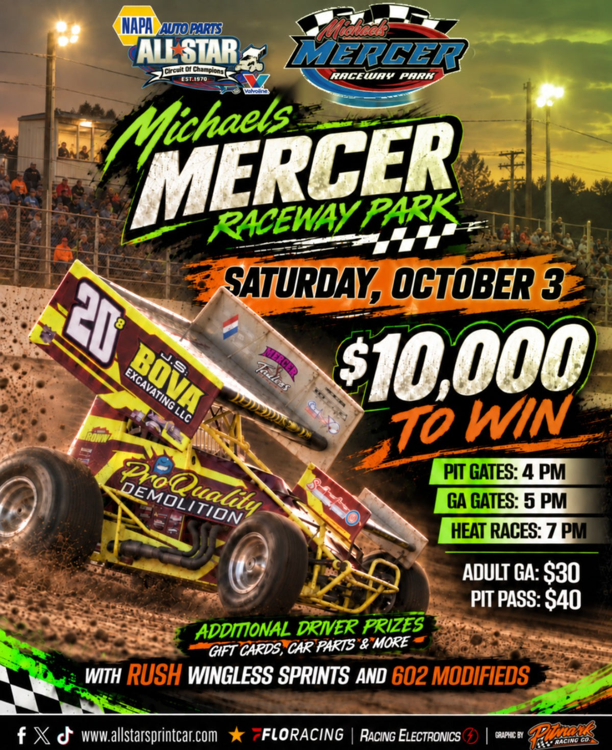 Pitmark Racing Co. flyer for Michaels Mercer Raceway Park $10,000-to-win event