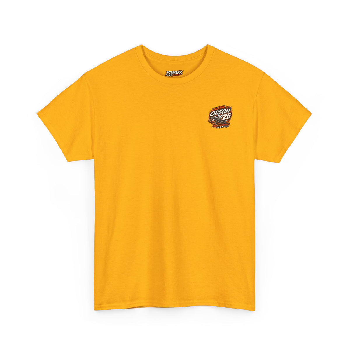 Racing Team Tee — '26 Justin Olson' Retro Checkered Back Graphic