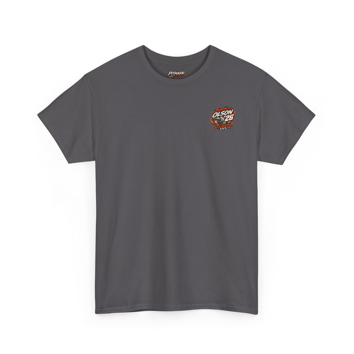 Racing Team Tee — '26 Justin Olson' Retro Checkered Back Graphic
