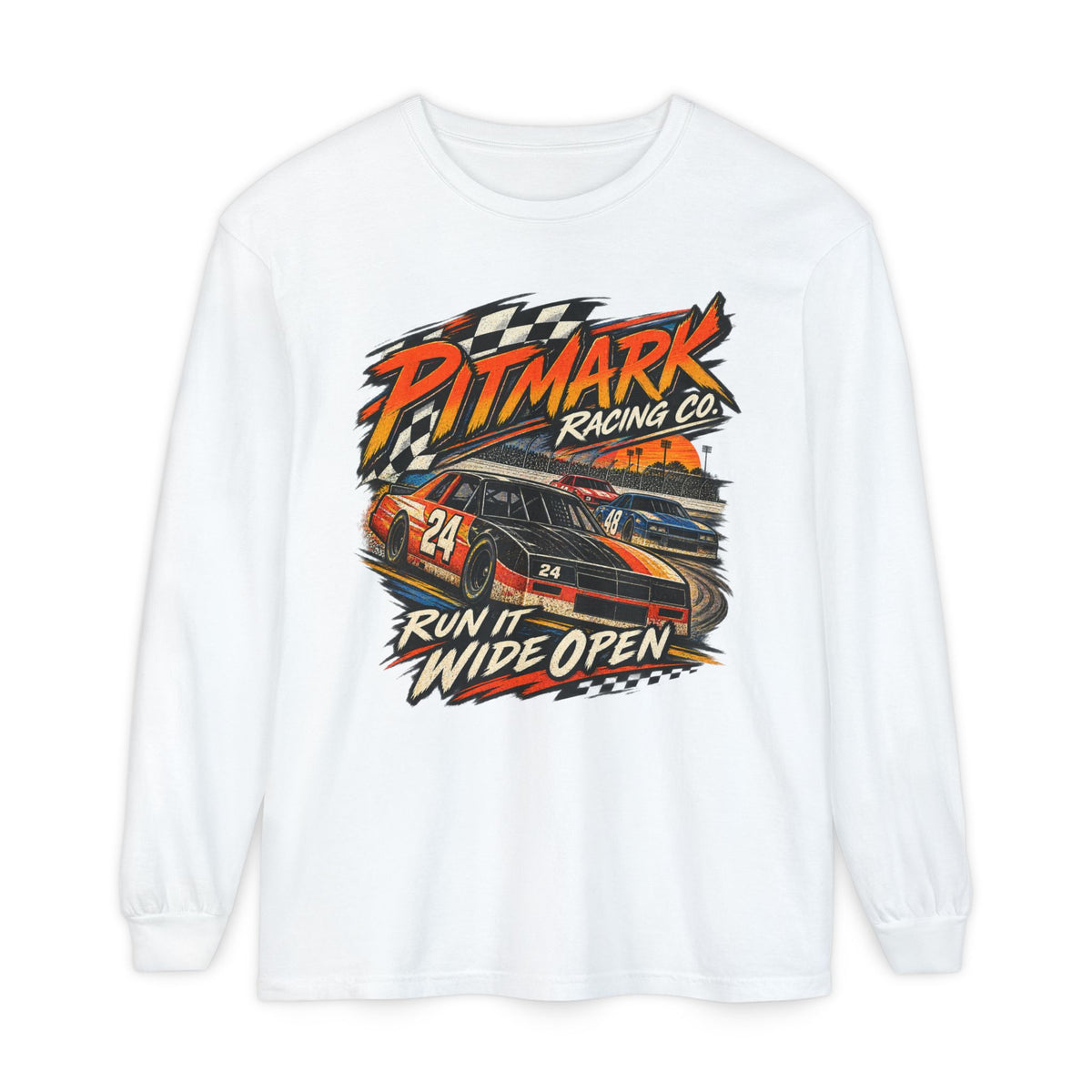 Pitmark Racing Co. Long Sleeve Tee — "Run It Wide Open" Car Racing Graphic