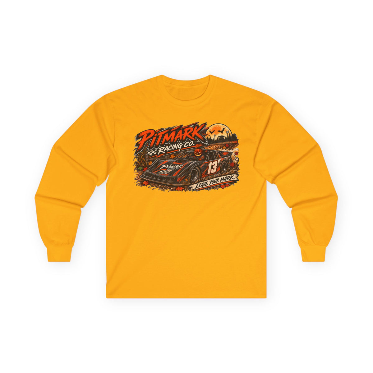 Racing Car Long Sleeve Tee — "Pitmark No. 13 Harvest Run" Vintage Motorsport Graphic