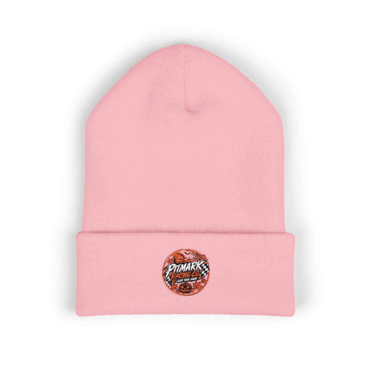 Embroidered 'Pitmark Racing Co.' Halloween Logo Cuffed Beanie - Classic Winter Knit Hat