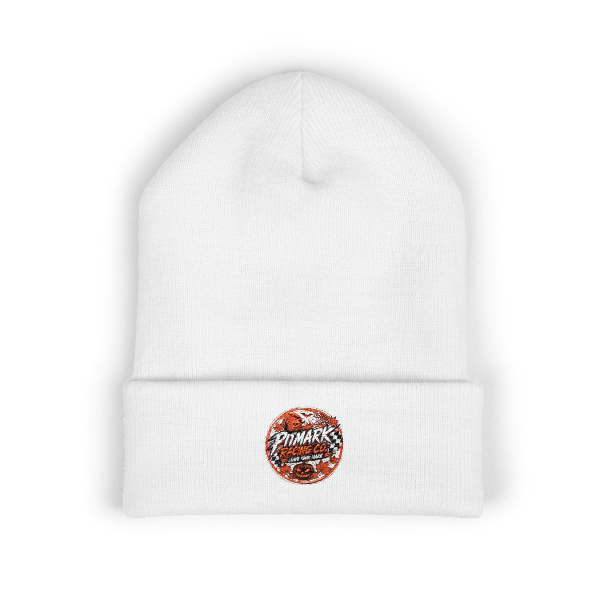 Embroidered 'Pitmark Racing Co.' Halloween Logo Cuffed Beanie - Classic Winter Knit Hat