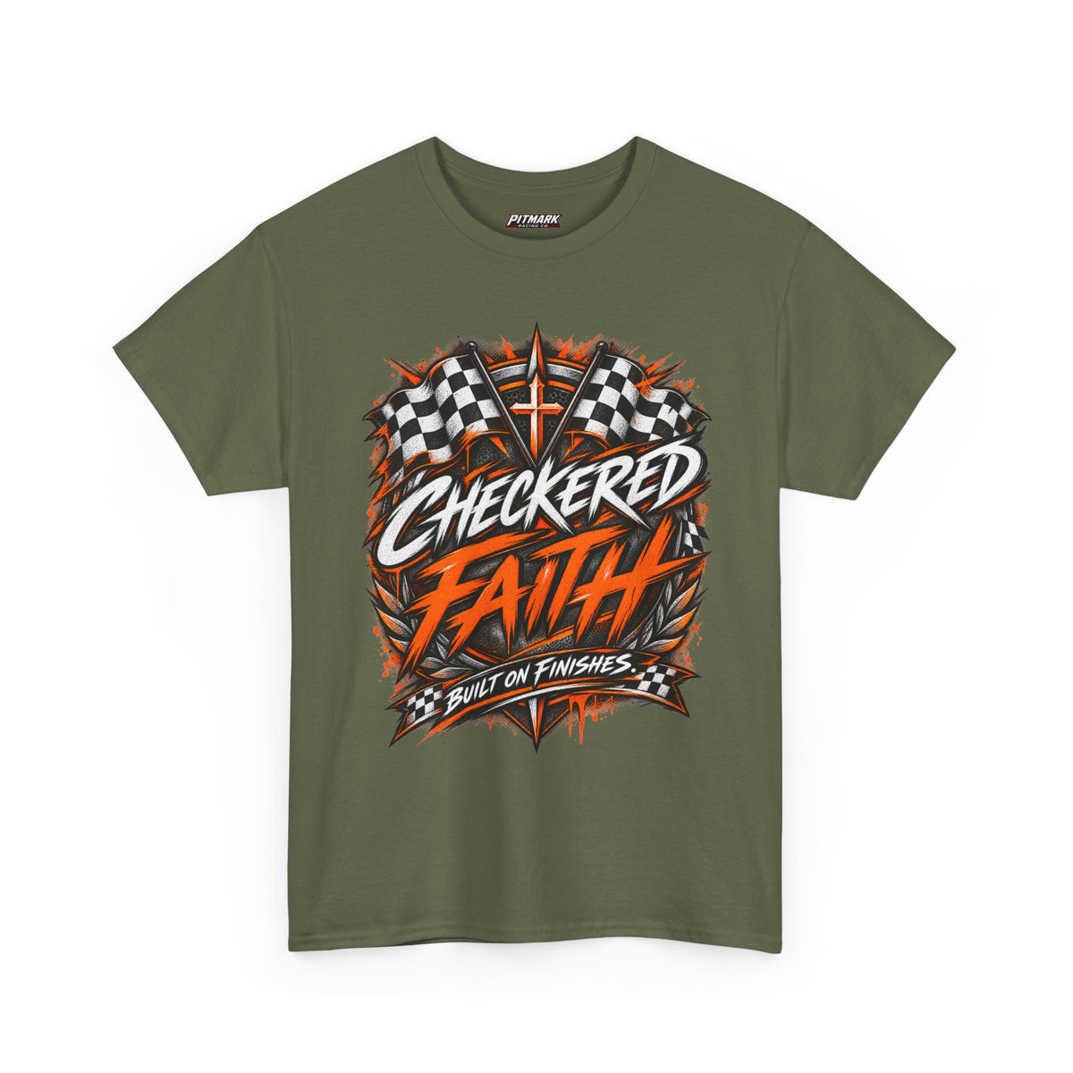 Checkered Faith Racing T-Shirt — "Built on Finishes" Graphic Tee