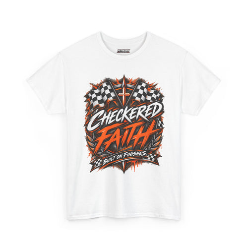 Checkered Faith Racing T-Shirt — "Built on Finishes" Graphic Tee