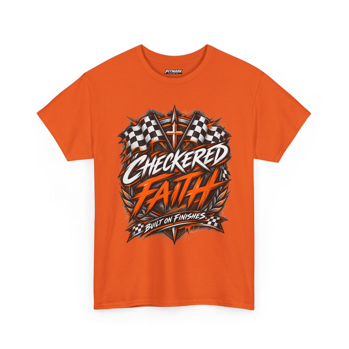 Checkered Faith Racing T-Shirt — "Built on Finishes" Graphic Tee