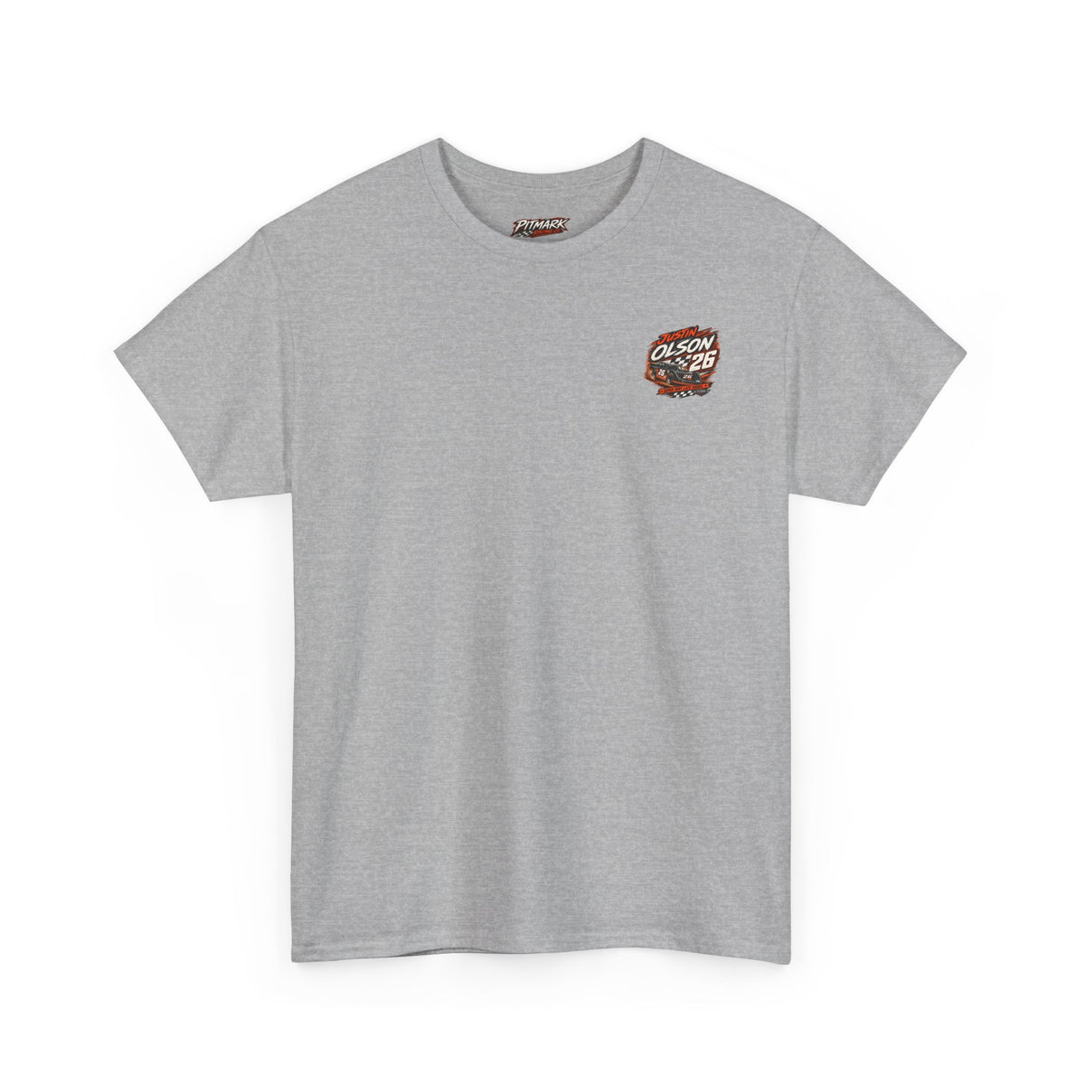 Racing Team Tee — '26 Justin Olson' Retro Checkered Back Graphic