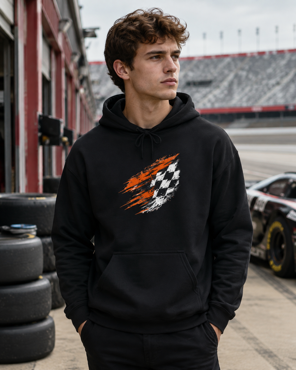 Racing Checkered Flag Hoodie — Distressed Red & Black Speed Graphic