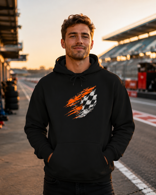 Racing Checkered Flag Hoodie — Distressed Red & Black Speed Graphic