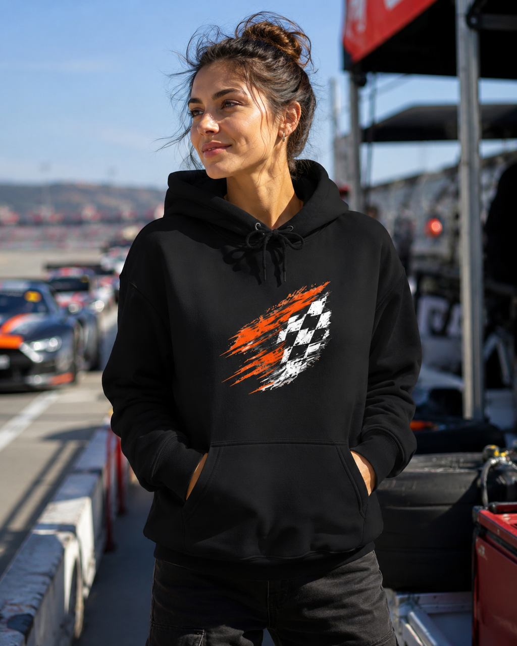 Racing Checkered Flag Hoodie — Distressed Red & Black Speed Graphic