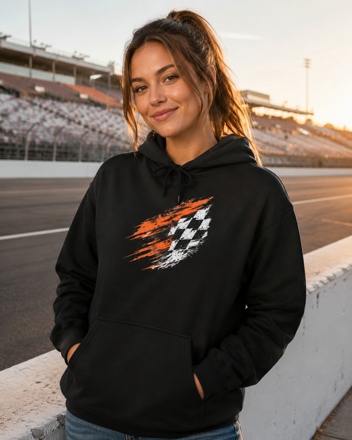 Racing Checkered Flag Hoodie — Distressed Red & Black Speed Graphic