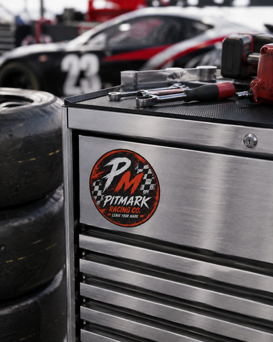 Pitmark Racing Co. Round Kiss-Cut Sticker — 'PM' Checkered Racing Logo
