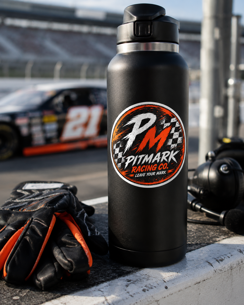 Pitmark Racing Co. Round Kiss-Cut Sticker — 'PM' Checkered Racing Logo