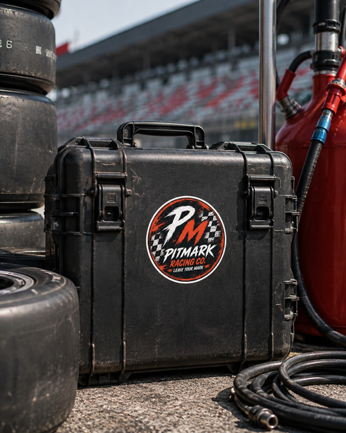 Pitmark Racing Co. Round Kiss-Cut Sticker — 'PM' Checkered Racing Logo
