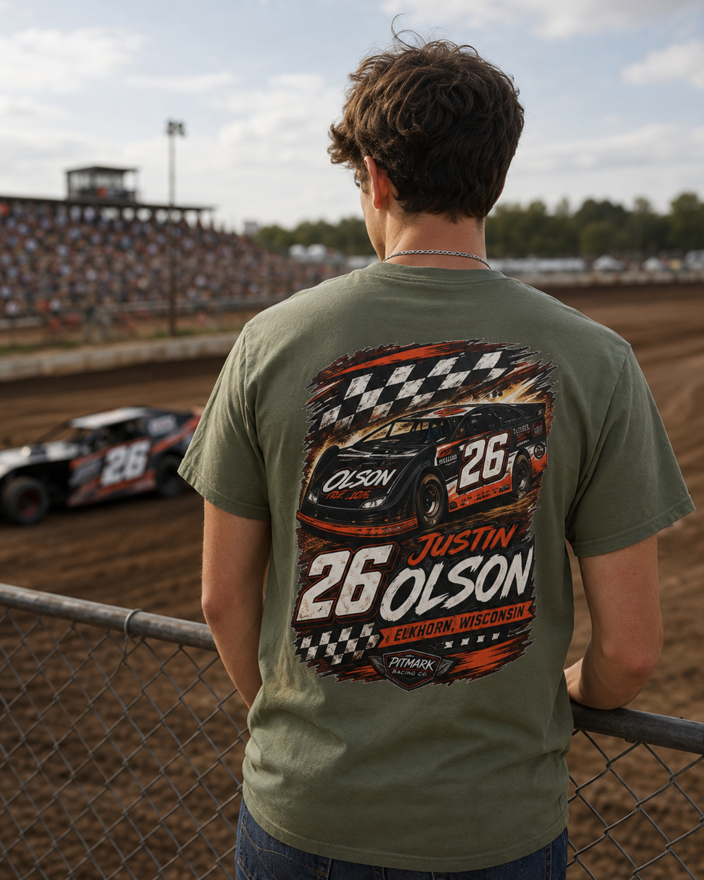 Racing Team Tee — '26 Justin Olson' Retro Checkered Back Graphic
