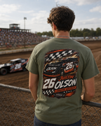 Racing Team Tee — '26 Justin Olson' Retro Checkered Back Graphic