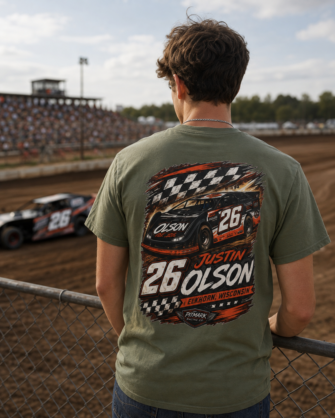 Racing Team Tee — '26 Justin Olson' Retro Checkered Back Graphic