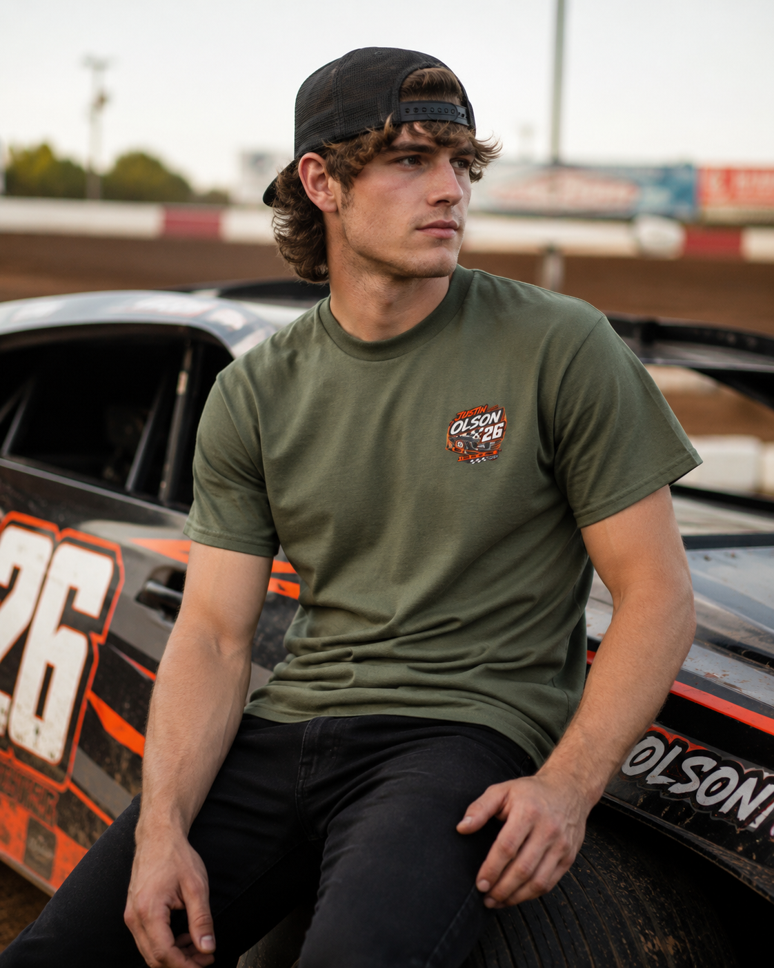 Racing Team Tee — '26 Justin Olson' Retro Checkered Back Graphic