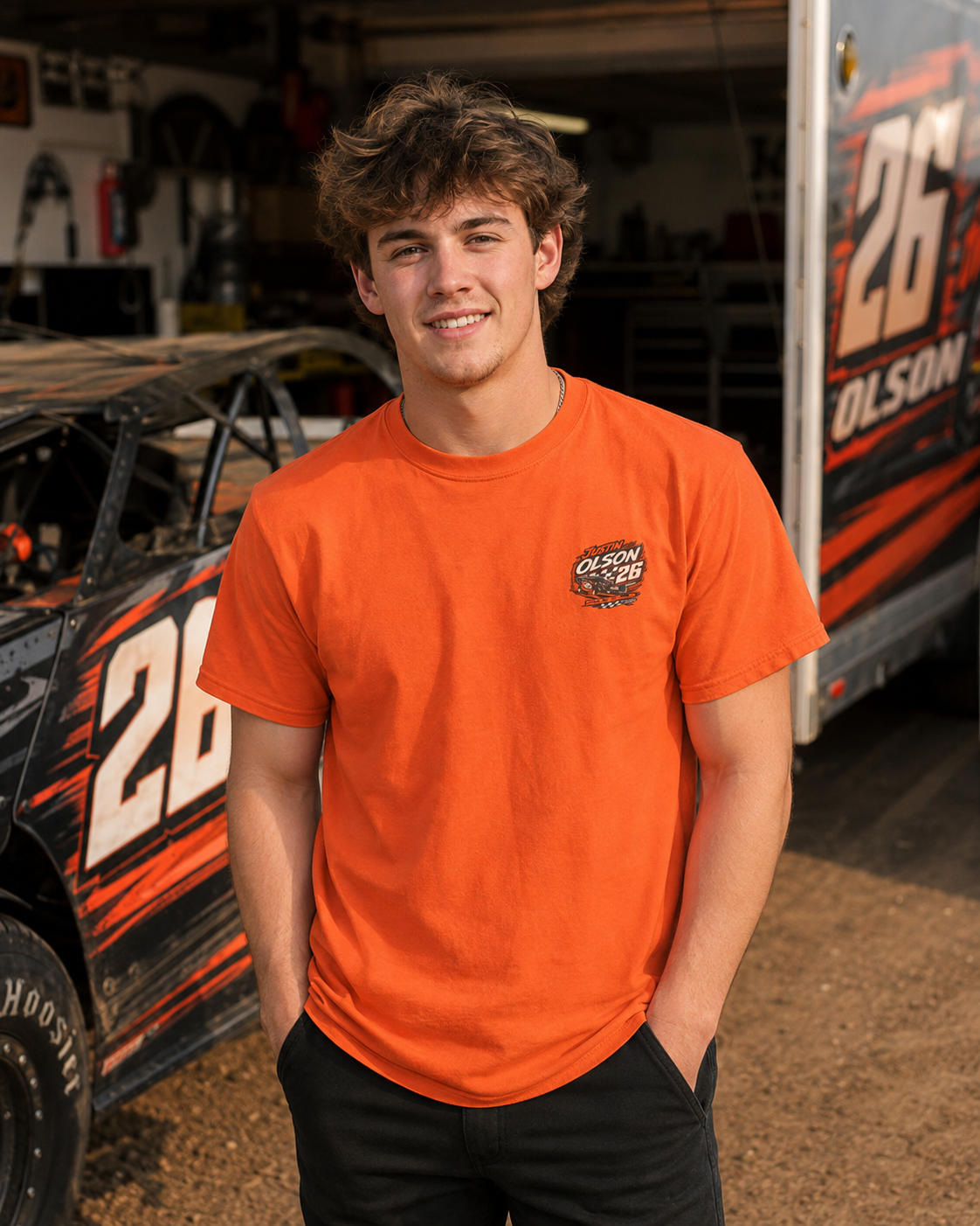 Racing Team Tee — '26 Justin Olson' Retro Checkered Back Graphic