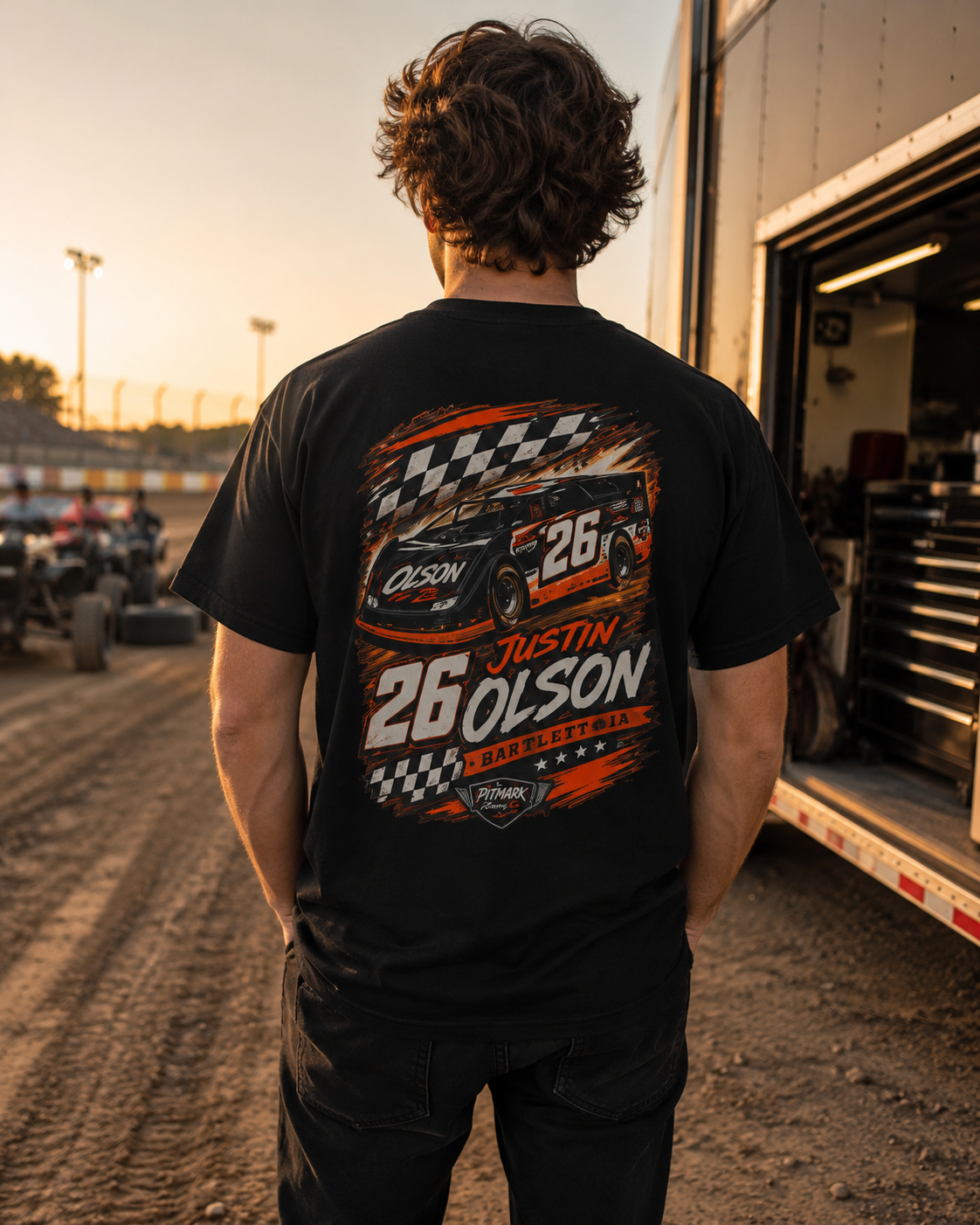 Racing Team Tee — '26 Justin Olson' Retro Checkered Back Graphic