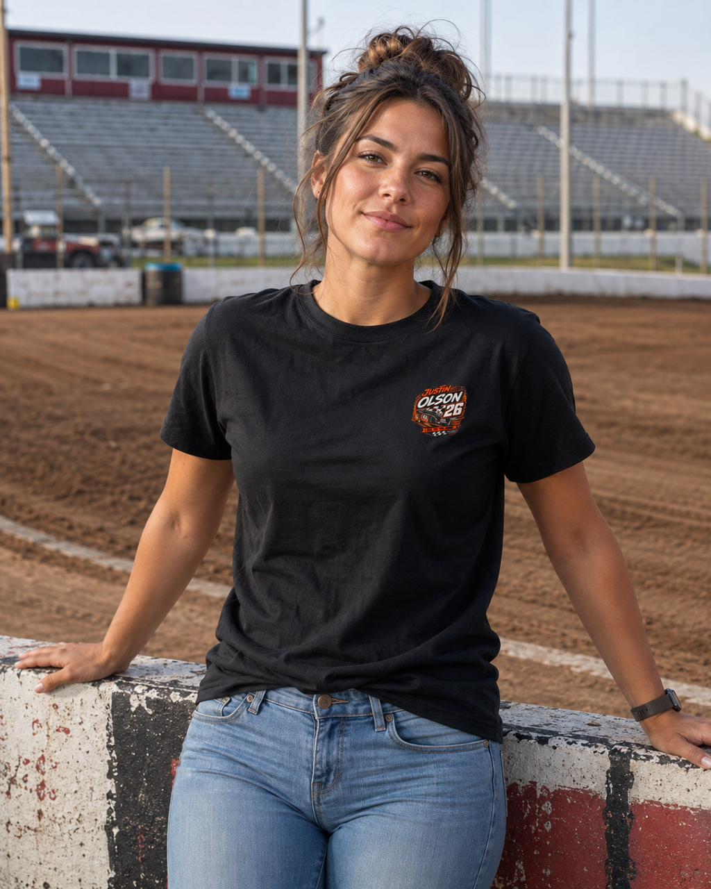 Racing Team Tee — '26 Justin Olson' Retro Checkered Back Graphic