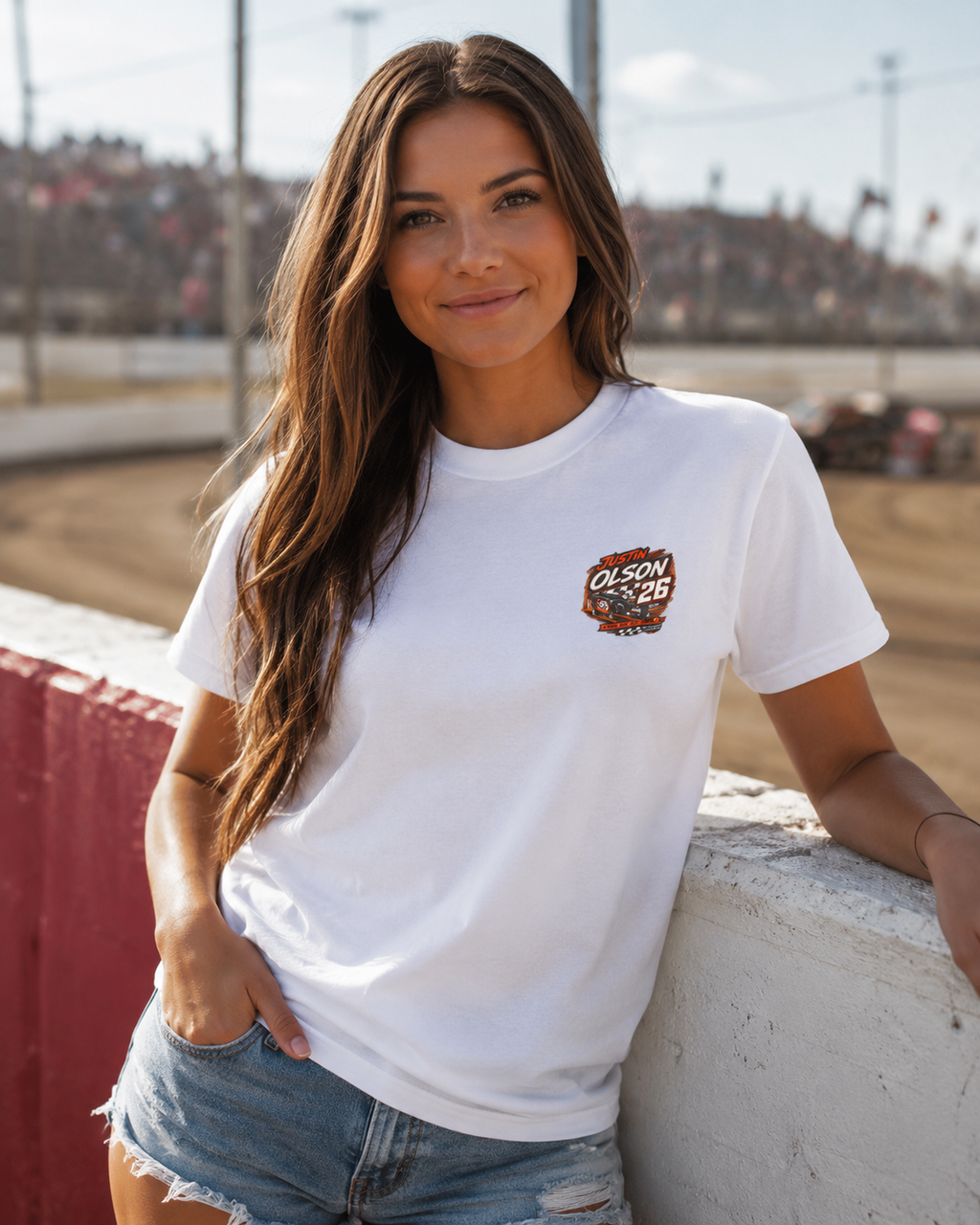 Racing Team Tee — '26 Justin Olson' Retro Checkered Back Graphic