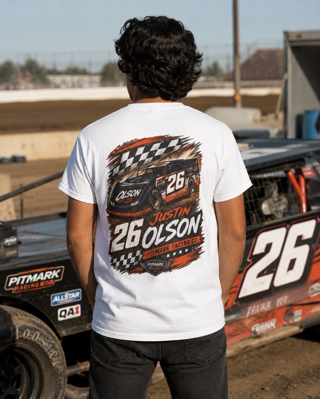 Racing Team Tee — '26 Justin Olson' Retro Checkered Back Graphic