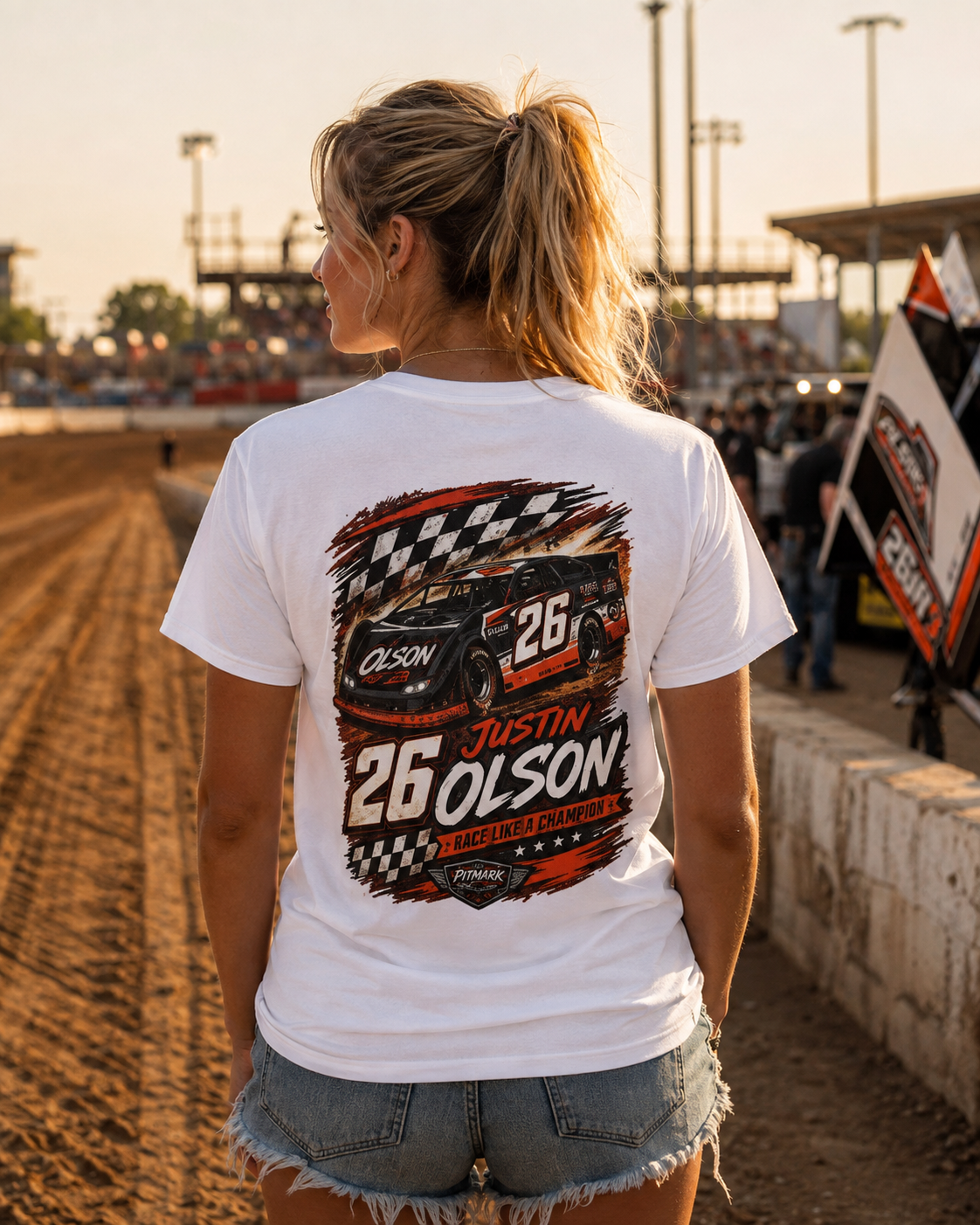Racing Team Tee — '26 Justin Olson' Retro Checkered Back Graphic