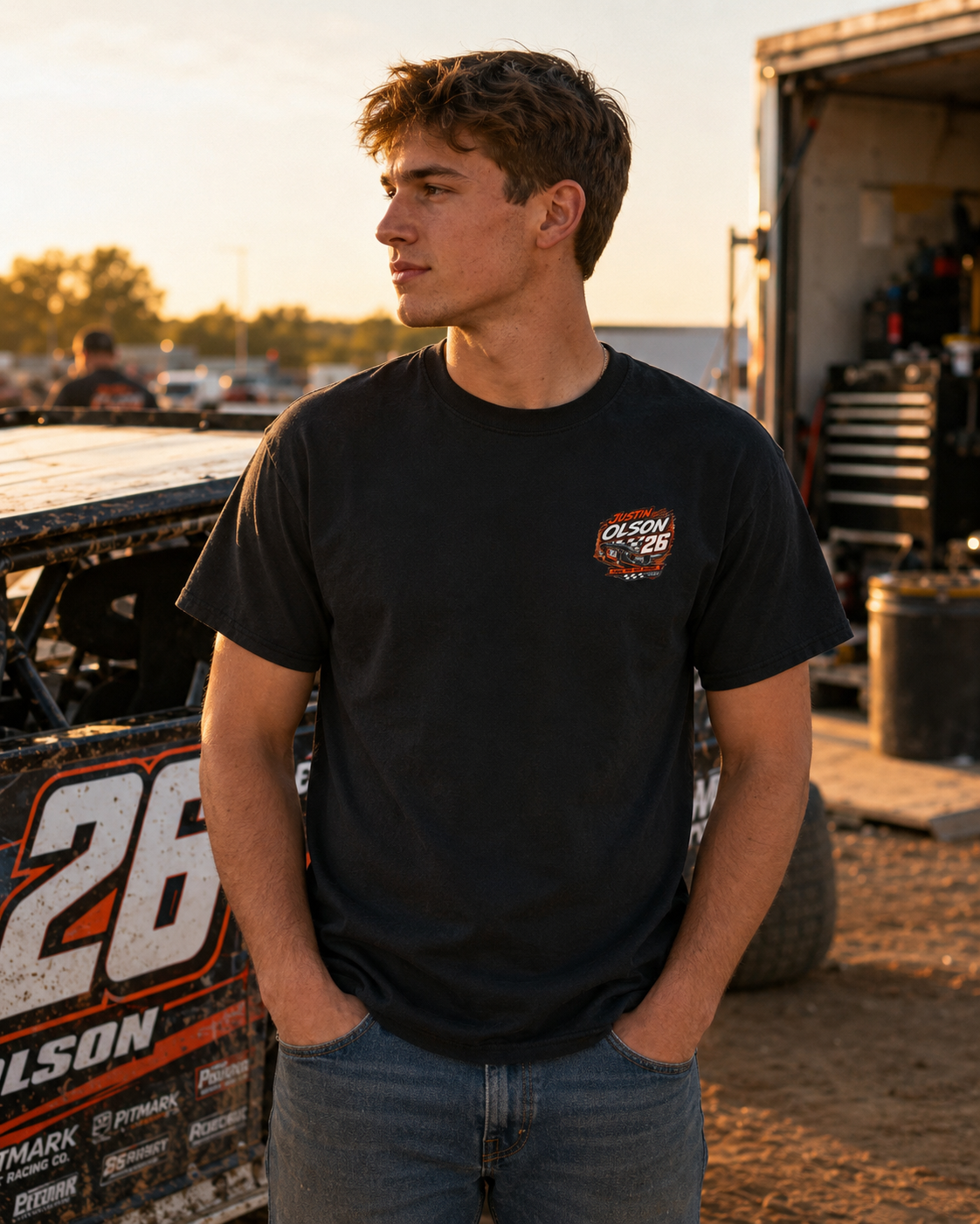 Racing Team Tee — '26 Justin Olson' Retro Checkered Back Graphic