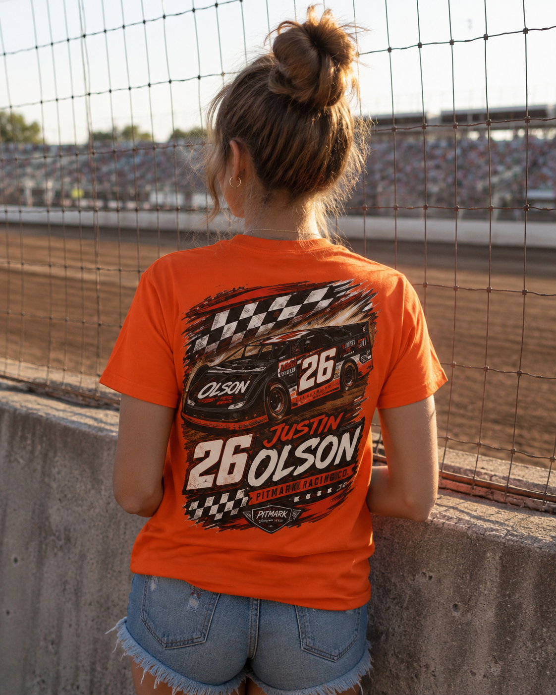 Racing Team Tee — '26 Justin Olson' Retro Checkered Back Graphic