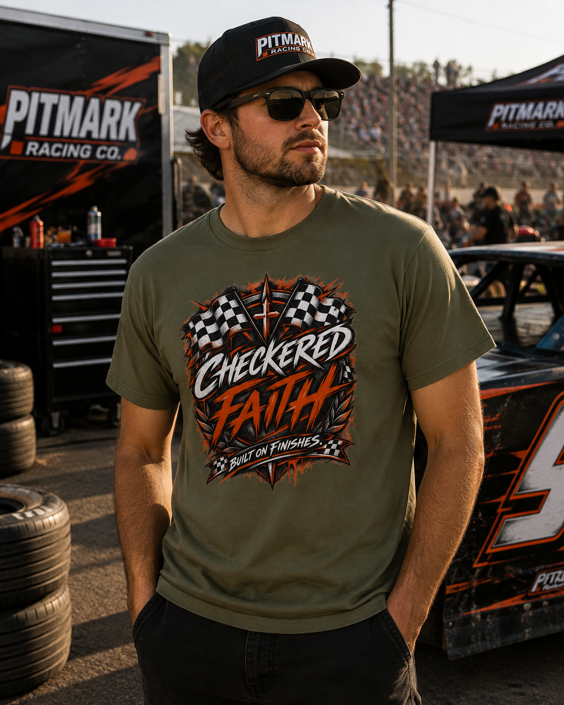 Checkered Faith Racing T-Shirt — "Built on Finishes" Graphic Tee