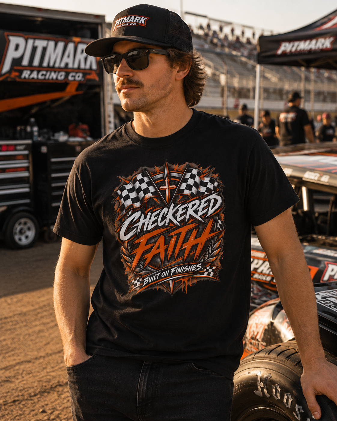 Checkered Faith Racing T-Shirt — "Built on Finishes" Graphic Tee