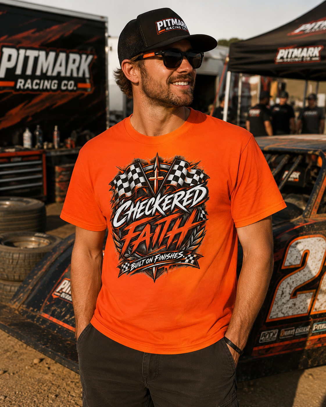 Checkered Faith Racing T-Shirt — "Built on Finishes" Graphic Tee