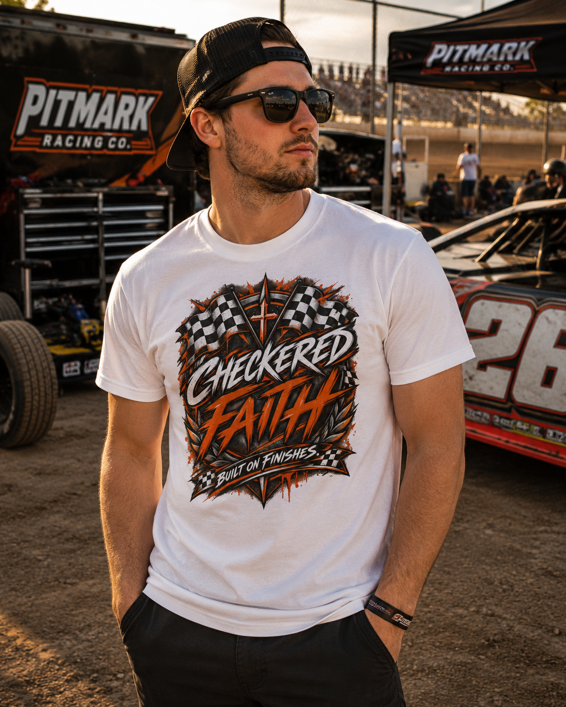 Checkered Faith Racing T-Shirt — "Built on Finishes" Graphic Tee