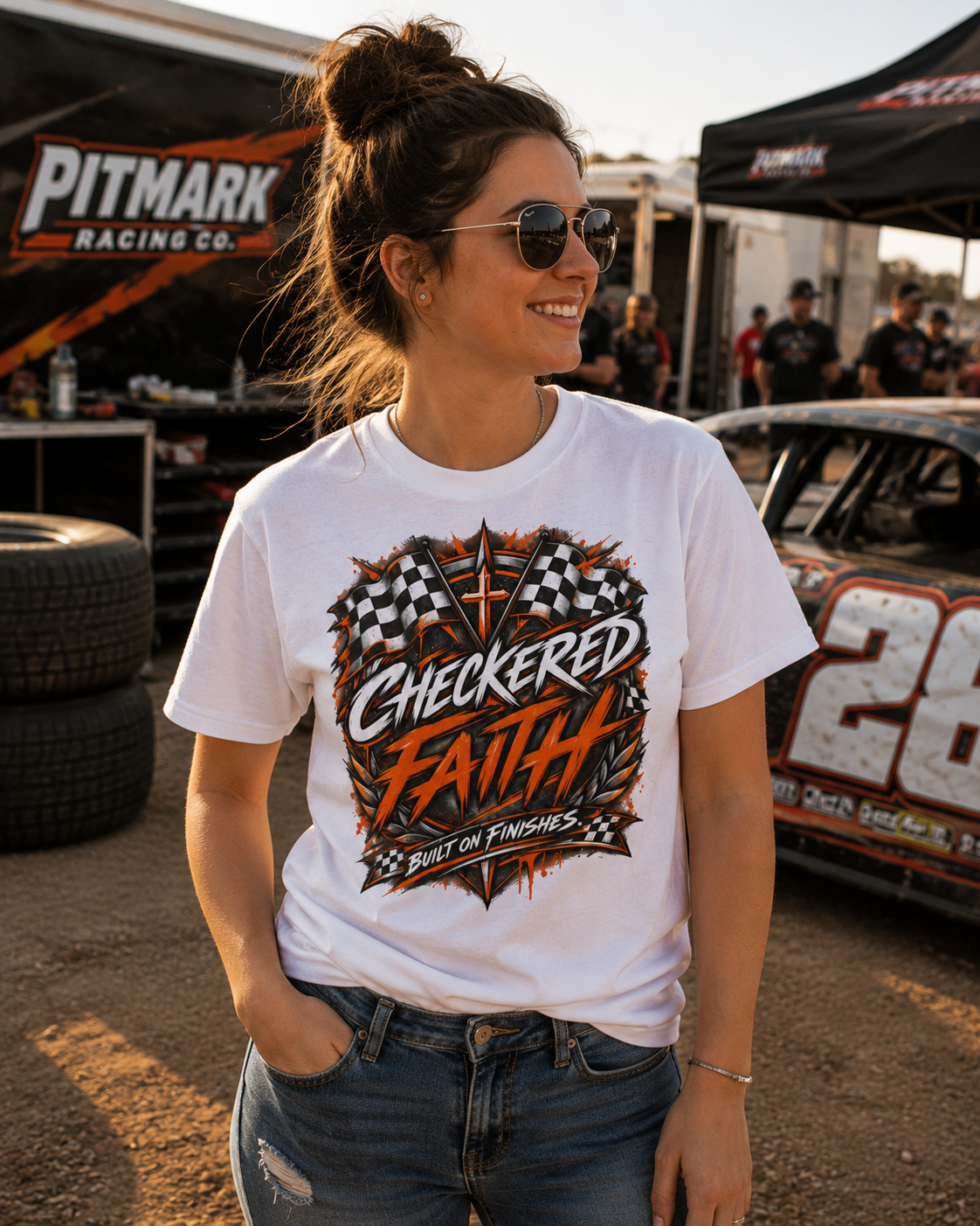 Checkered Faith Racing T-Shirt — "Built on Finishes" Graphic Tee
