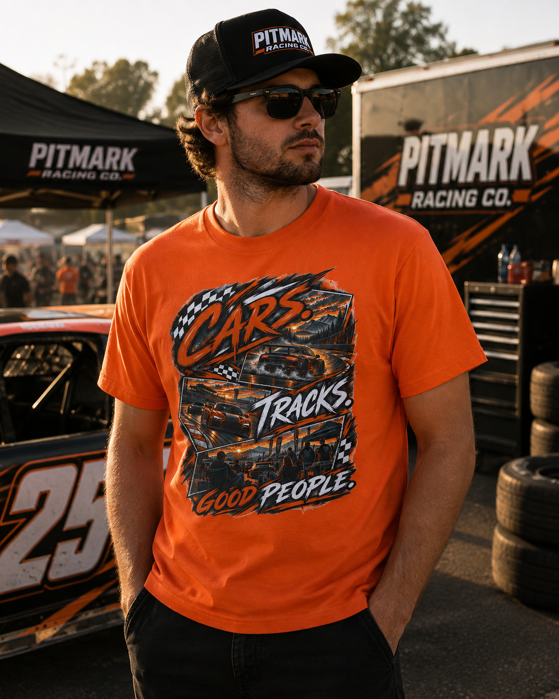 Race Cars Tee — "Cars Tracks Good People" Graphic T-Shirt