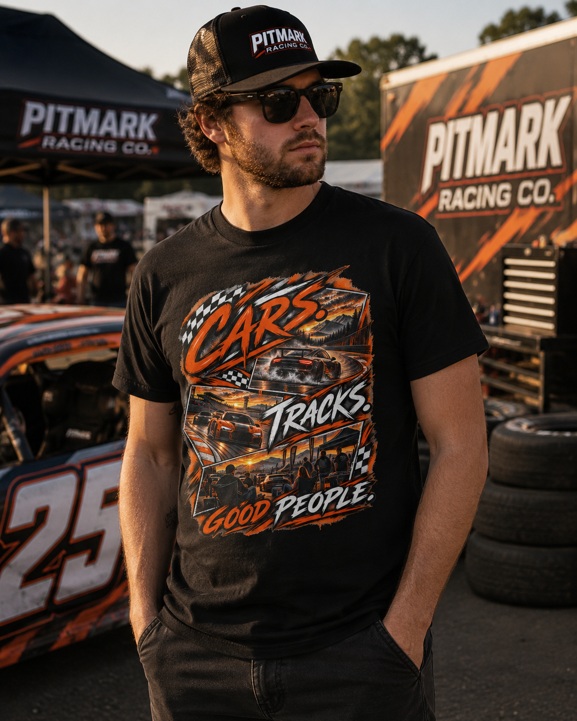 Race Cars Tee — "Cars Tracks Good People" Graphic T-Shirt