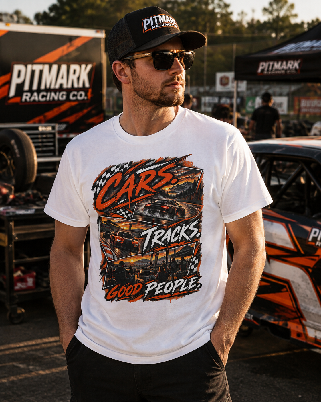 Race Cars Tee — "Cars Tracks Good People" Graphic T-Shirt