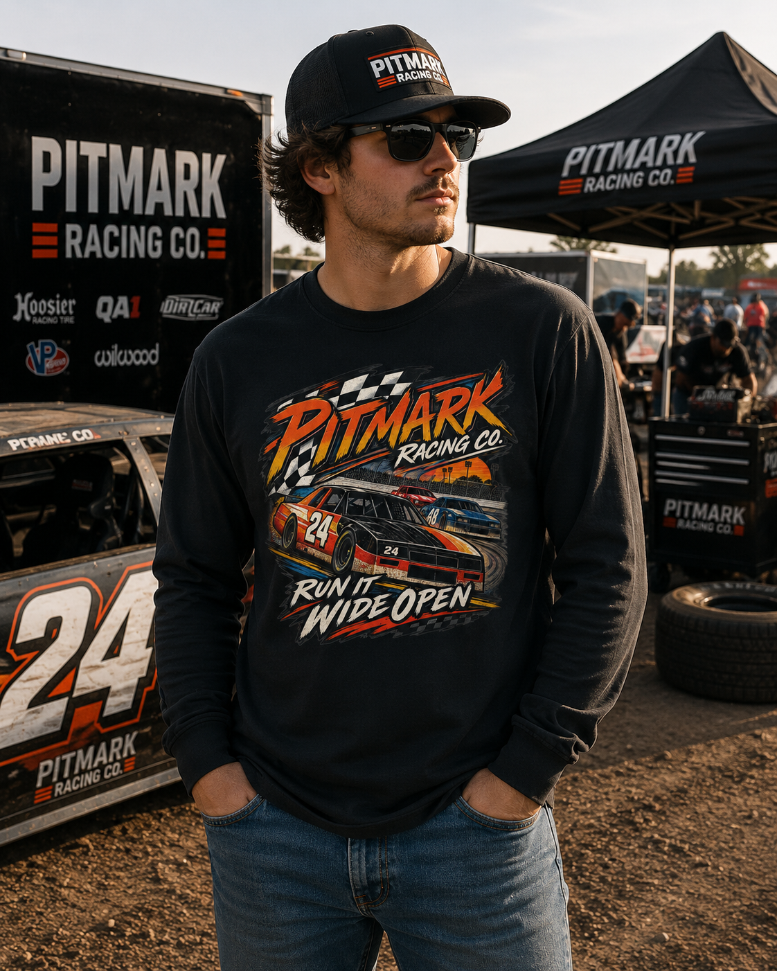 Pitmark Racing Co. Long Sleeve Tee — "Run It Wide Open" Car Racing Graphic