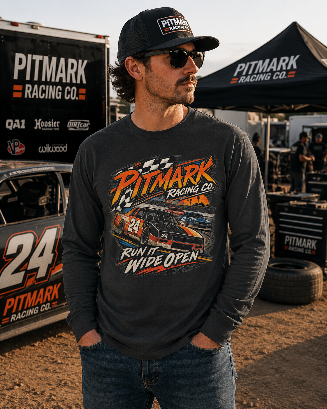 Pitmark Racing Co. Long Sleeve Tee — "Run It Wide Open" Car Racing Graphic