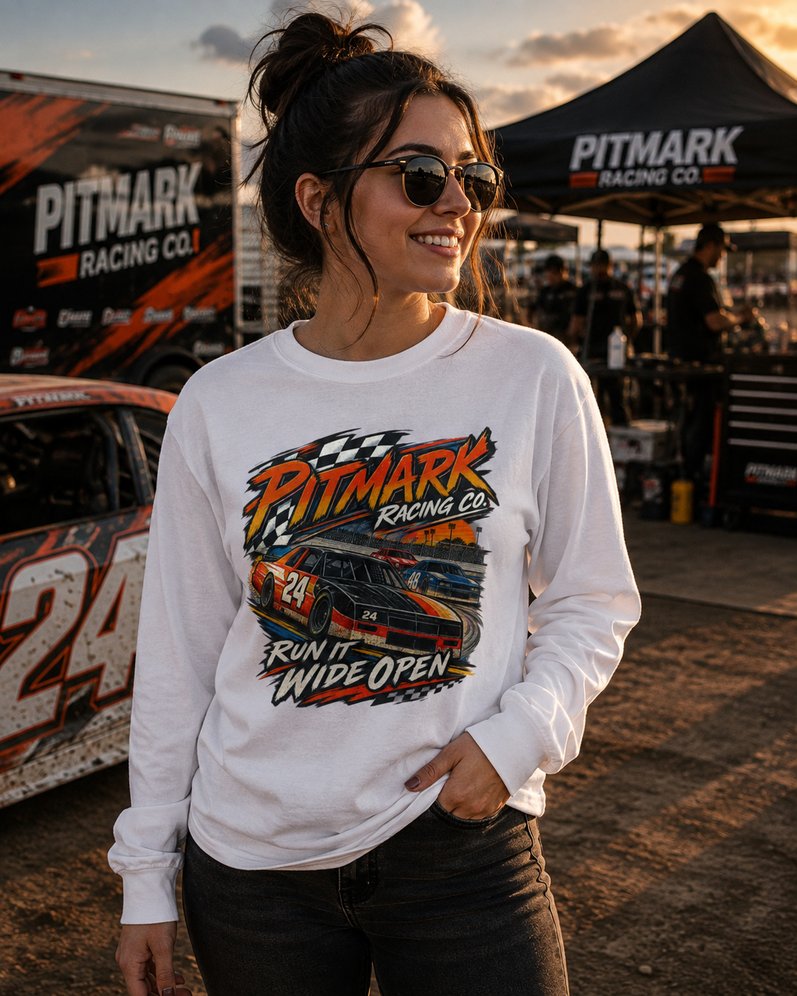 Pitmark Racing Co. Long Sleeve Tee — "Run It Wide Open" Car Racing Graphic