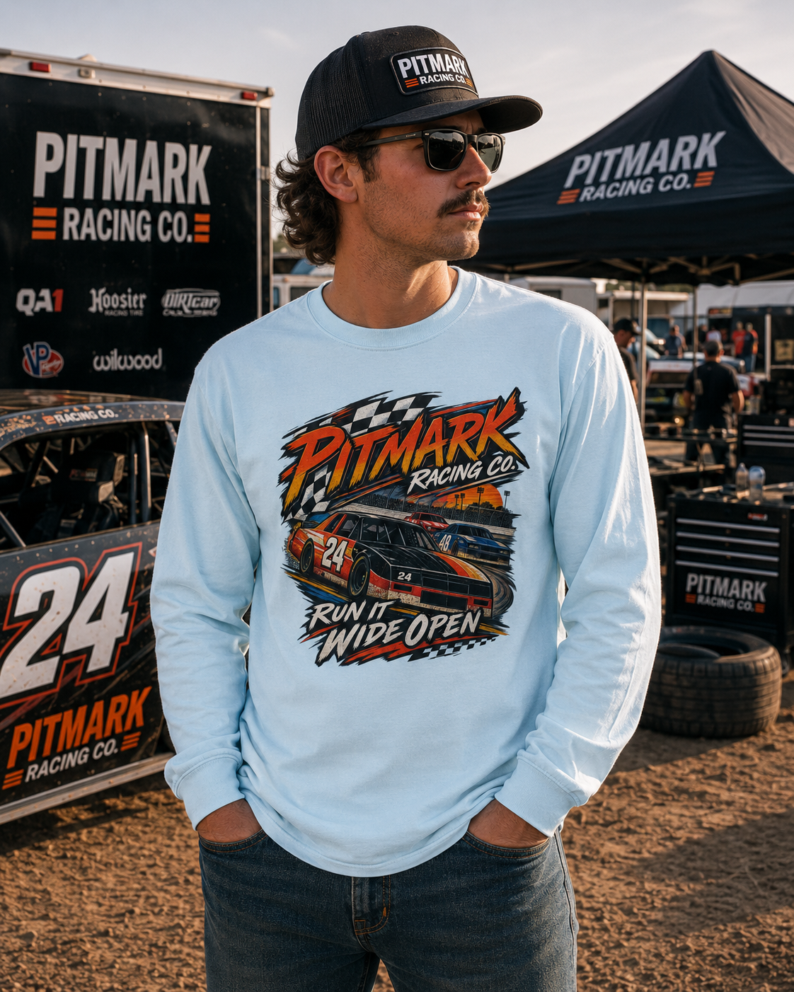 Pitmark Racing Co. Long Sleeve Tee — "Run It Wide Open" Car Racing Graphic