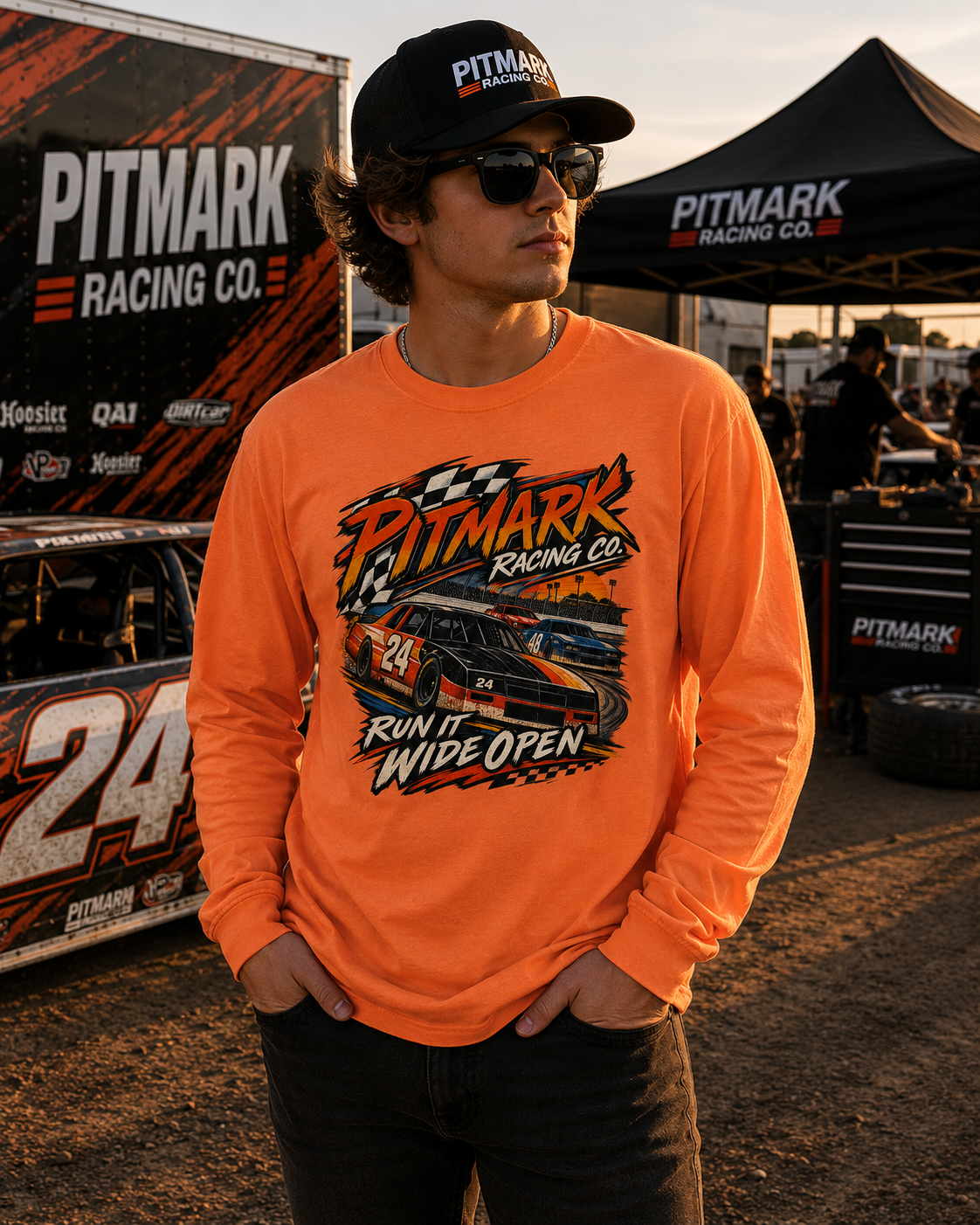 Pitmark Racing Co. Long Sleeve Tee — "Run It Wide Open" Car Racing Graphic