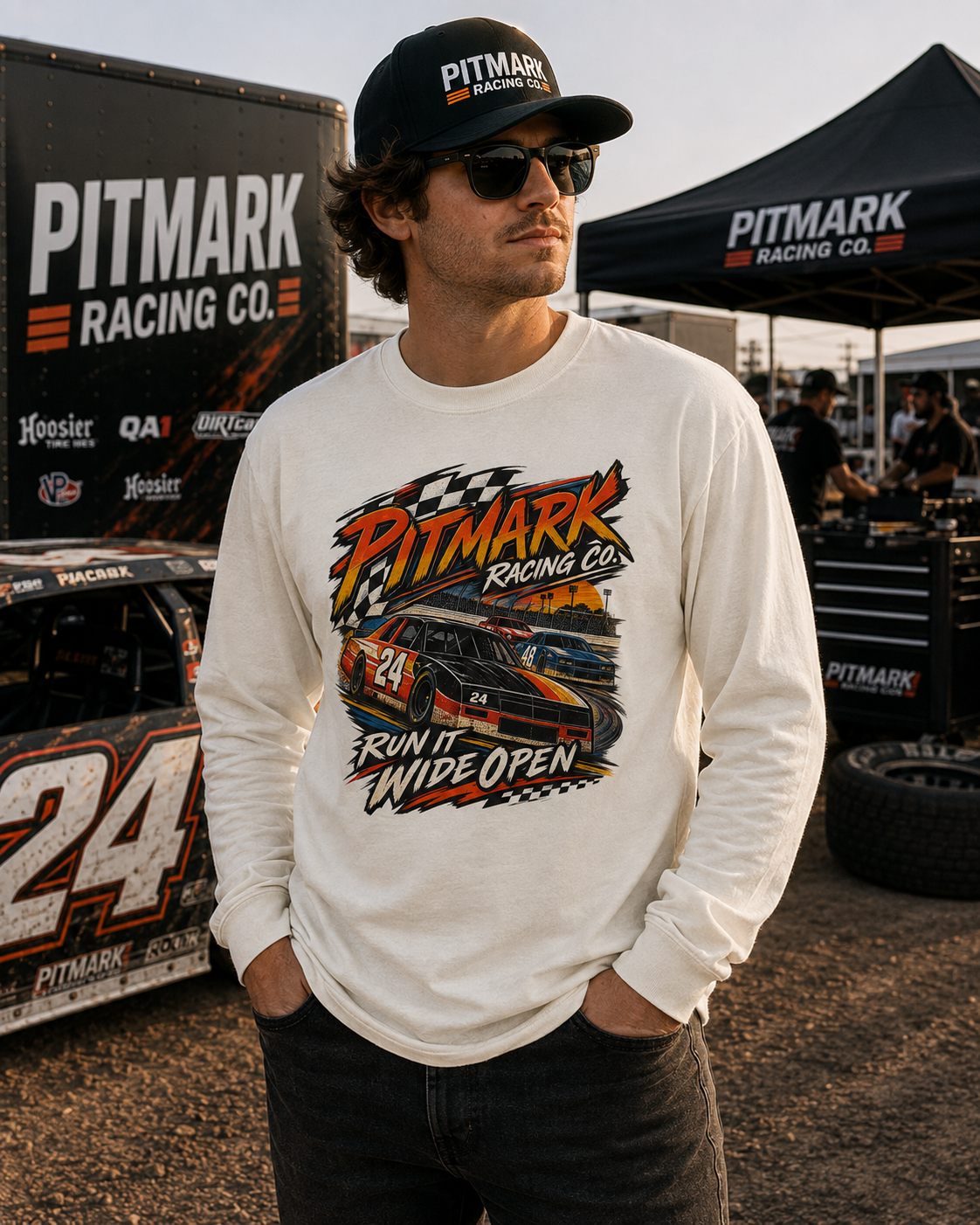 Pitmark Racing Co. Long Sleeve Tee — "Run It Wide Open" Car Racing Graphic