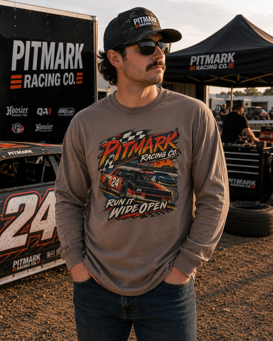 Pitmark Racing Co. Long Sleeve Tee — "Run It Wide Open" Car Racing Graphic