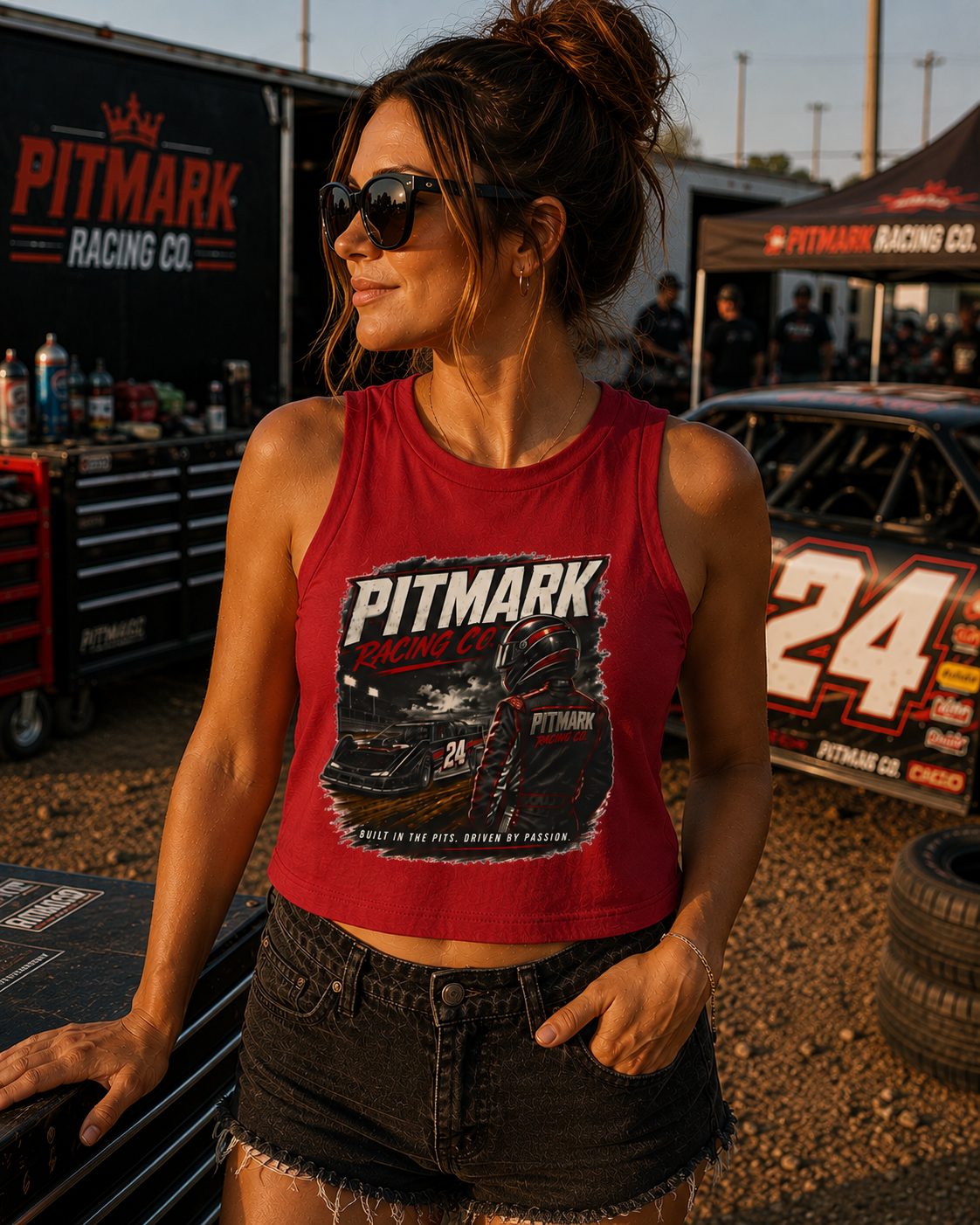 Racer Tank Top — Pitmark Racing Co. Graphic Crop Tank (Women)