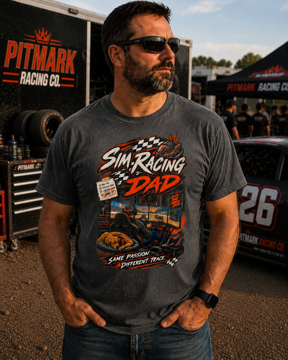 Sim Racing Dad T-Shirt — Retro Racing Gamer Tee (‘Same Passion Different Track’)
