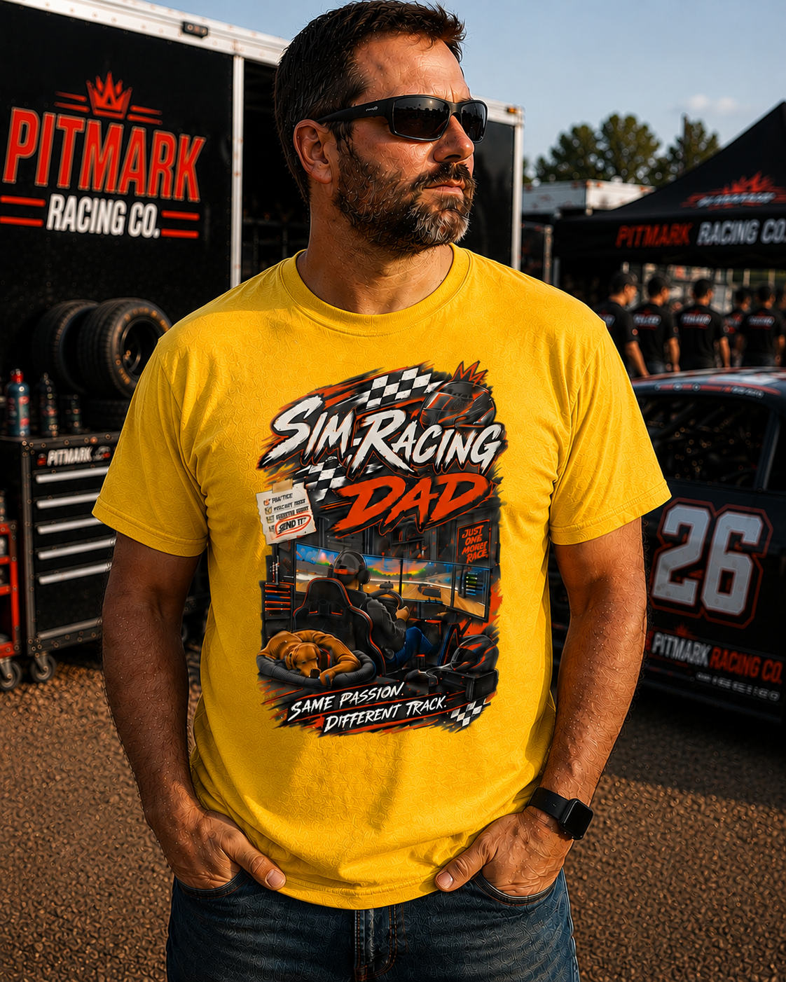Sim Racing Dad T-Shirt — Retro Racing Gamer Tee (‘Same Passion Different Track’)