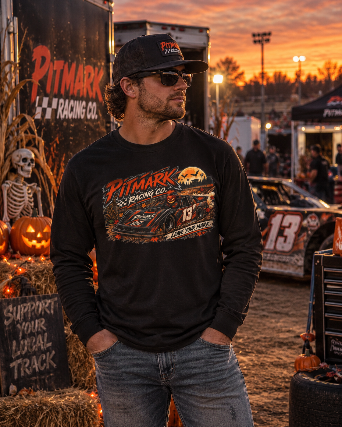 Racing Car Long Sleeve Tee — "Pitmark No. 13 Harvest Run" Vintage Motorsport Graphic