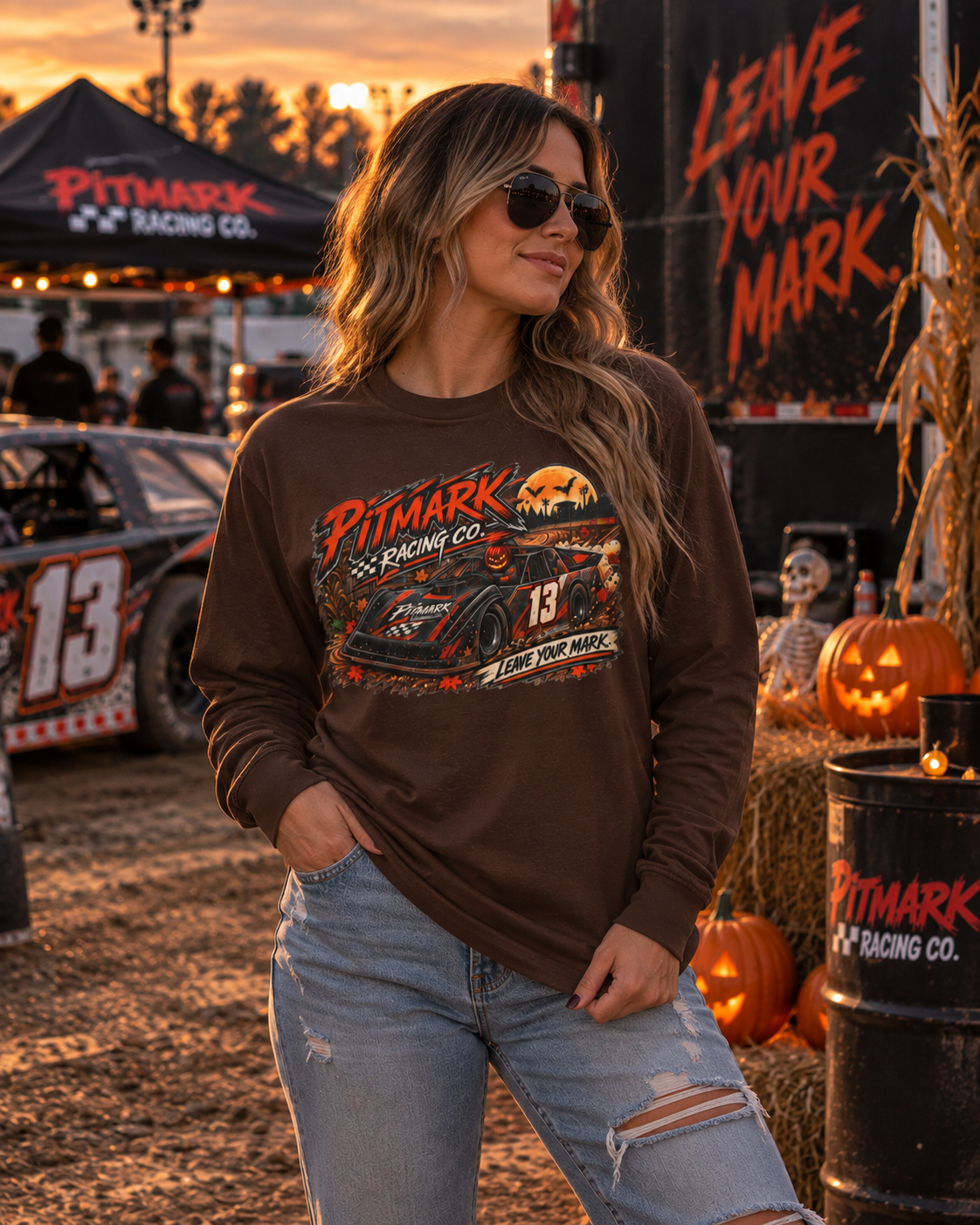 Racing Car Long Sleeve Tee — "Pitmark No. 13 Harvest Run" Vintage Motorsport Graphic
